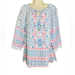 Charter Club Luxury Linen Paisley Shirt Size L Pom Pom Trim Multicolor Boho